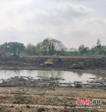 挖掘机、推土机正在清理孝义河河道淤泥，平整堤坝。 高阳县水利局供图 - 中国新闻社河北分社
