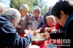 10月11日，河北肃宁县师素镇西芝兰村文化广场，老人们一起吃饺子。刘巨雷 摄 - 中国新闻社河北分社